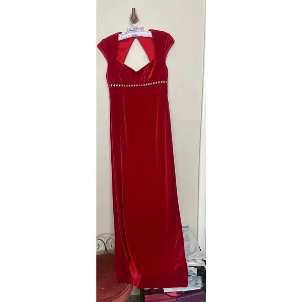 Vintage 90s Sz 4 Red Velvet Rhinestone Empire Waist Cap Sleeve Maxi Dress Gown - Image 3
