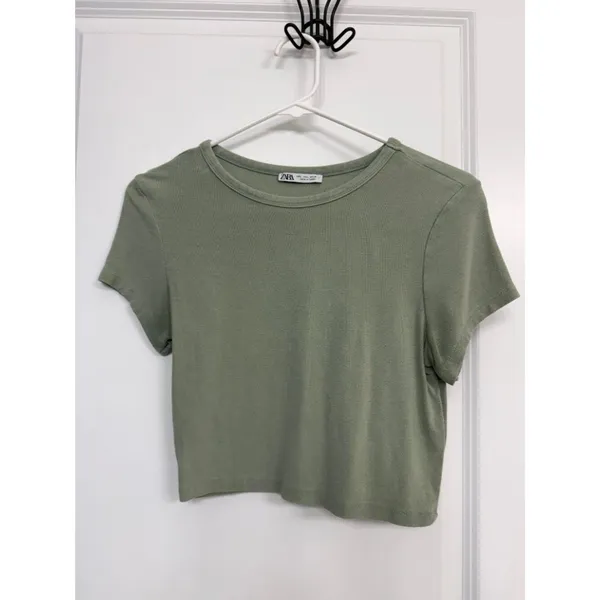Zara Olive Green Faded Wash Cropped Baby Tee Women’s Large - Image 3