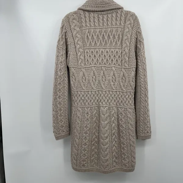inis crafts merino 100% wool Sweater L Tan Long Full Zip Cable Knit Ireland Boho - Image 7