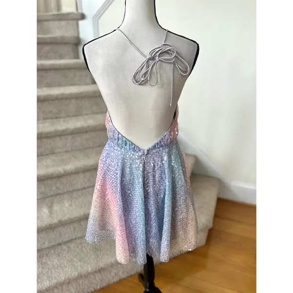 Hello Molly Pastel Rainbow Sequin Purple Blue Pink Mini Plunge Skater Dress - Image 5