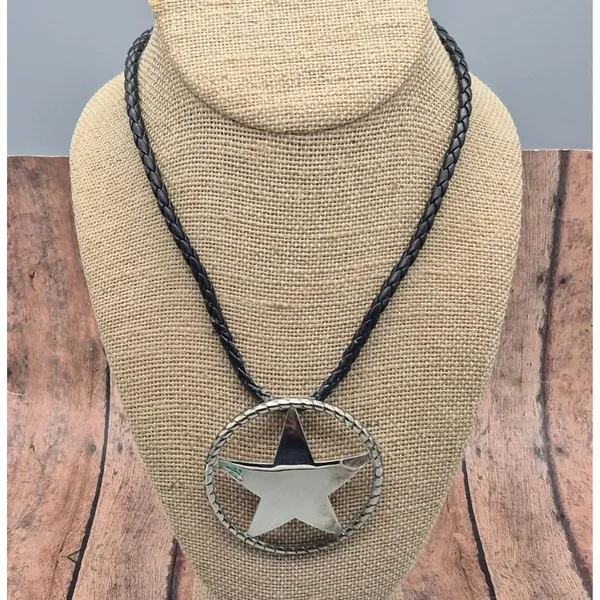 Western Texas Star Brooch Pin Pendant on a Black Faux Cord Collar Necklace 18" - Image 7