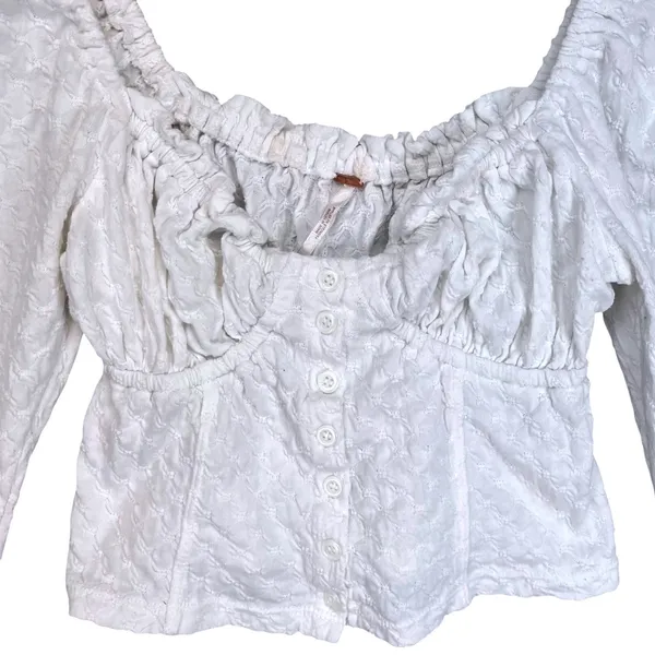 Free People White Textured Button Front Milkmaid Long Sleeve Cropped Top Small‎ - Image 3
