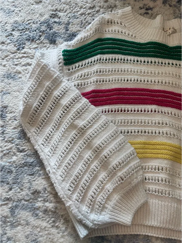 Willow & Clay White Knit Sweater with Green, Pink & Yellow Stripes - Image 4