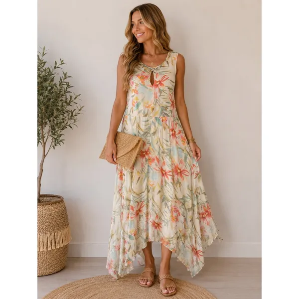 Sundance Size 6 Botanical‎ Floral Maxi Dress Handkerchief Hem Boho Resort - Image 2