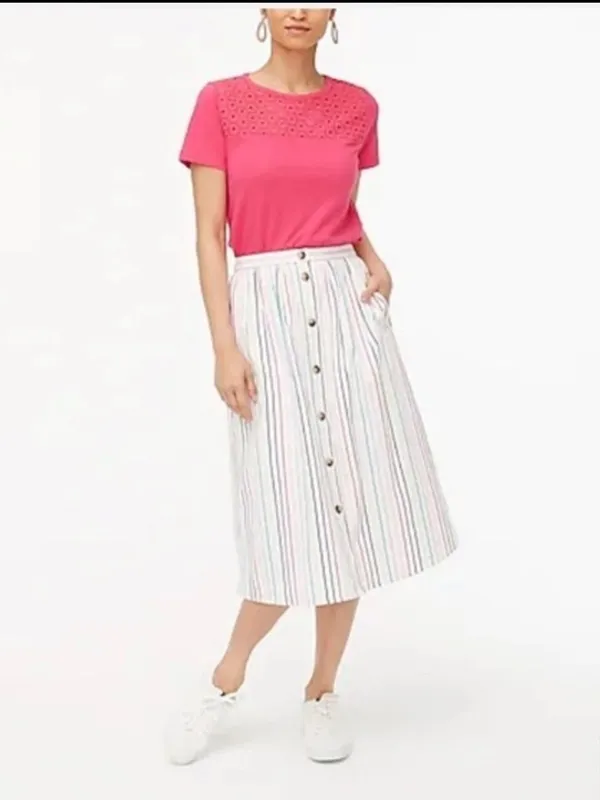 J Crew Factory Rainbow Stripe Button Front Poplin Midi Skirt Multicolored Size S - Image 13