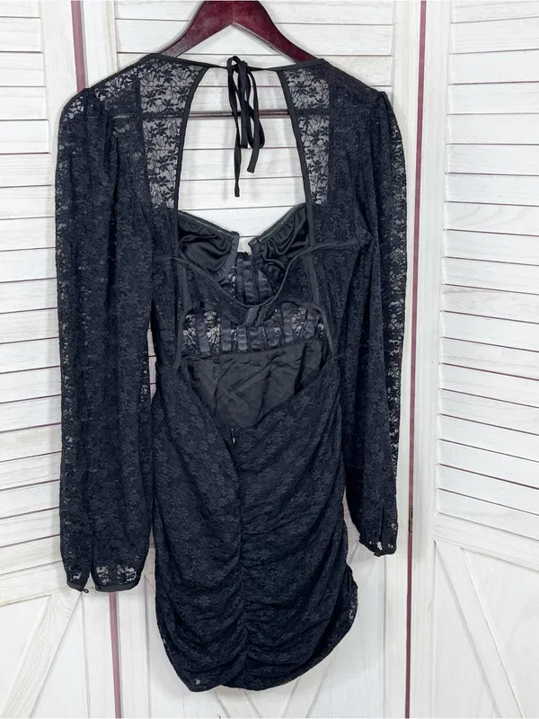 Edit‎ by Nine Lace Corset Top Ruched Mini Dress Black Medium Gothic Coquette Y2K - Image 10