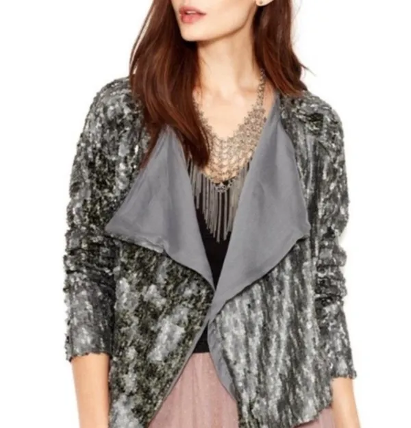 Free People Sequin Open Front Waterfall Jacket In Silver Women's Size: XS - Image 2