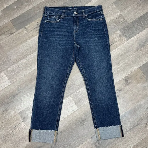 Old Navy Jeans Women Size 6 Blue Mid Rise Boyfriend Cuffed Hem‎ Crop Distressed - Image 5