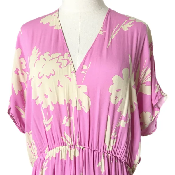 Samsoe Samsoe Andina Long Dress Pink Kirigami Floral V-Neck Pockets Size XS - Image 3