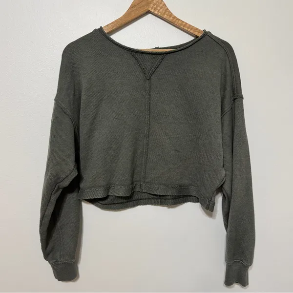 Aerie Cropped Crewneck Sweater Size XS Oversized Beach Party Sweatshirt Green - Image 2