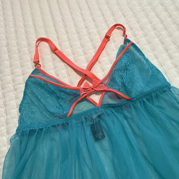 Victoria’s Secret Sheer Blue Coral Neon Lace Mesh Babydoll Lingerie Sz S Small - Image 2