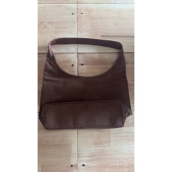 Brown Faux Suede Hobo Shoulder Bag Minimalist Slouchy Gold Zip Purse Large NWOT‎ - Image 2
