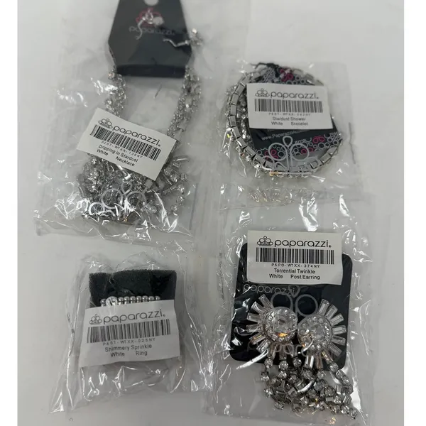 Paparazzi Necklace Bracelet Ring Two Sets of Earrings Silver and Rhinestones - Image 4
