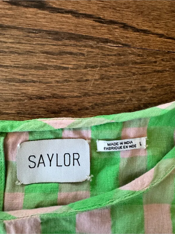 Anthropologie Saylor Emmie Mini Dress Green Light Pink Gingham L Cottage Preppy - Image 4
