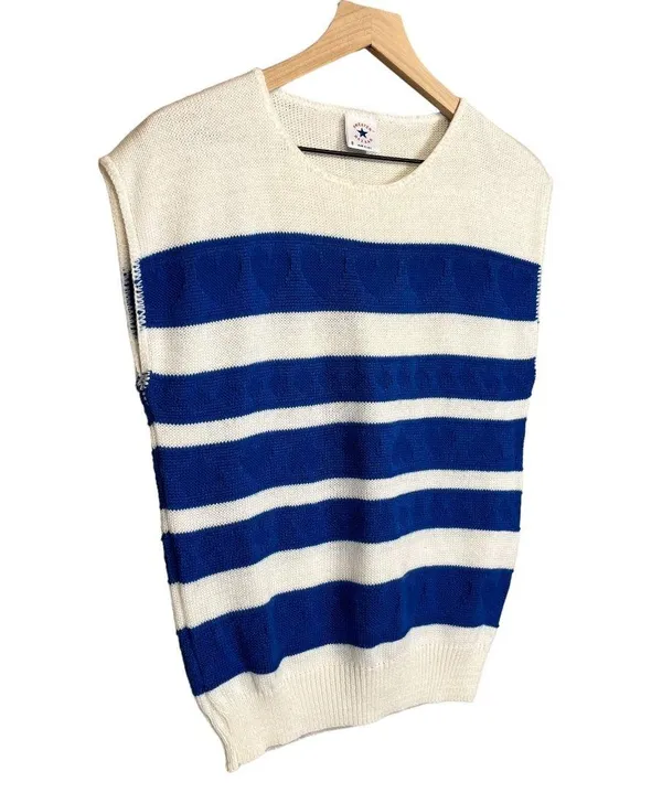 Sweater Bazaar Vintage 80s Blue & White Striped Heart Sleeveless Sweater Tee - Image 4