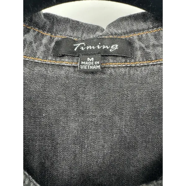 Timing Chambray Cotton Shirt Dress M Pockets Dark Grey Roll Tab Sleeve Summer - Image 4