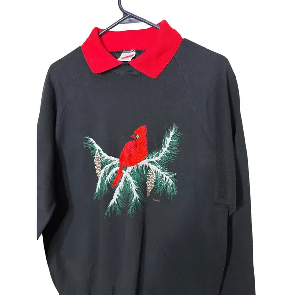 Vintage 1991 Jerzees Cardinal Bird Sweatshirt XL Black Red Collar Made in USA - Image 2