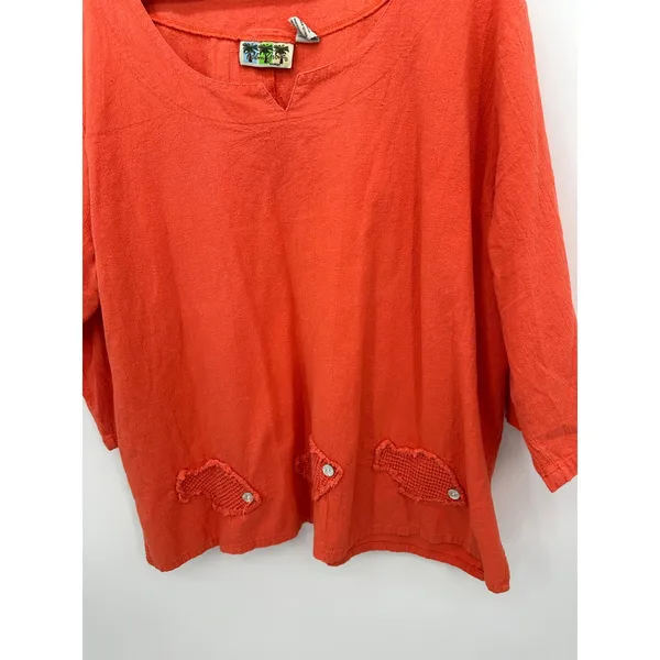 Lagenlook Woman 3X Coral Orange Cotton Tunic Crochet Fish Applique 3/4 Sleeve - Image 4