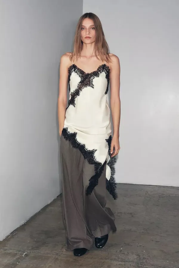 Zara Satin Lace-Trim Slip Dress - Lingerie White with Black Lace - Image 7