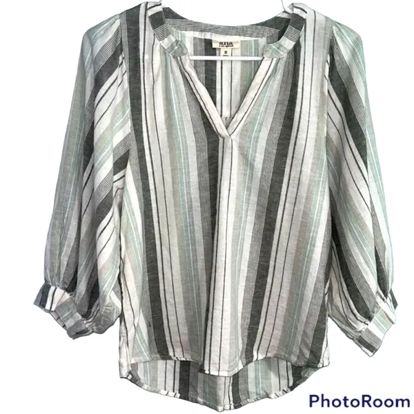 a.n.a Gray and Light Green Striped Linen V-Neck Pullover Blouse Women’s Size XS - Image 4