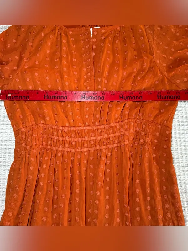 Anthropologie Fall Orange Polka V-Neck Short Sleeve Smocked Waist Short Dress L - Image 4