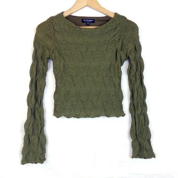 See You Monday Textured Scrunch Top Womens S Olive Green Long Sleeve Grunge 90s - Image 2