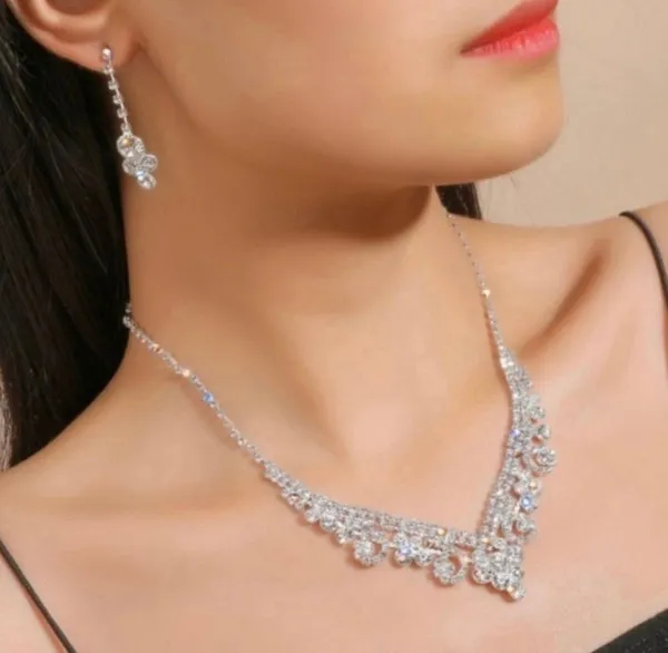 Bridal Wedding Jewelry Set Crystal Bridesmaid Party Necklace Drop Earrings - Image 4
