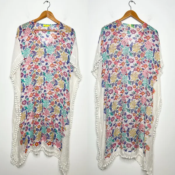 ROLLER RABBIT Swim Coverup Kaftan Womens Size XS Floral Pom Pom Boho Vacation - Image 2