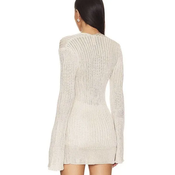Free People Vie Boheme Cardi Sandcastle Tan Ribbed Knit Slit Cardigan Large L - Image 3