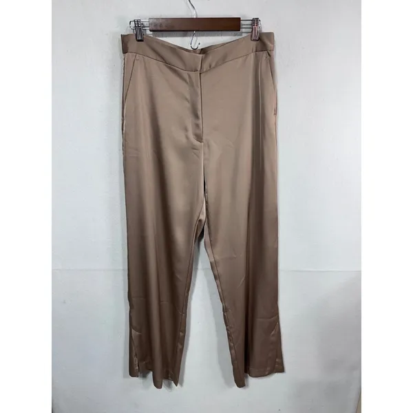 H&M Taupe Straight‎ Leg Dress Pants Women's US 12 High Rise Slit Hem - Image 2