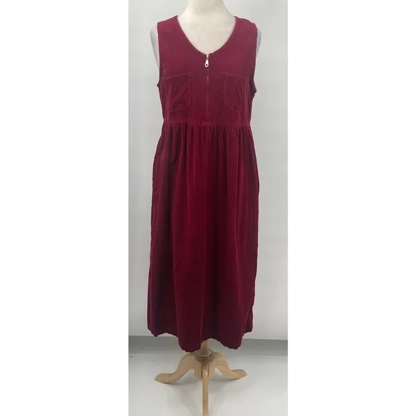 Vintage 90s Corduroy Zipper Front Cotton Maxi Dress Maroon Red Womens Large - Image 3