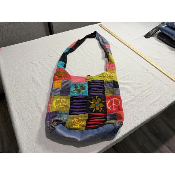 Boho Patchwork Cotton Hobo Bag Nepal Peace Flower Crossbody Multi Color - Image 3