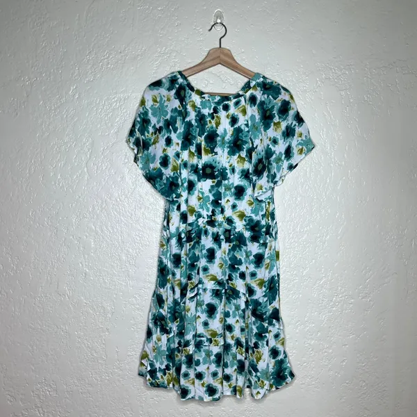 By Anthropologie Robin Tiered Mini Dress Teal Green Floral V-Neck Lace‎ Trim M - Image 3