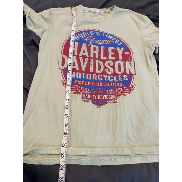 Harley Davidson Biker Graphic T-Shirt Sz:M Sage Green Distressed Cotton Tee - Image 4