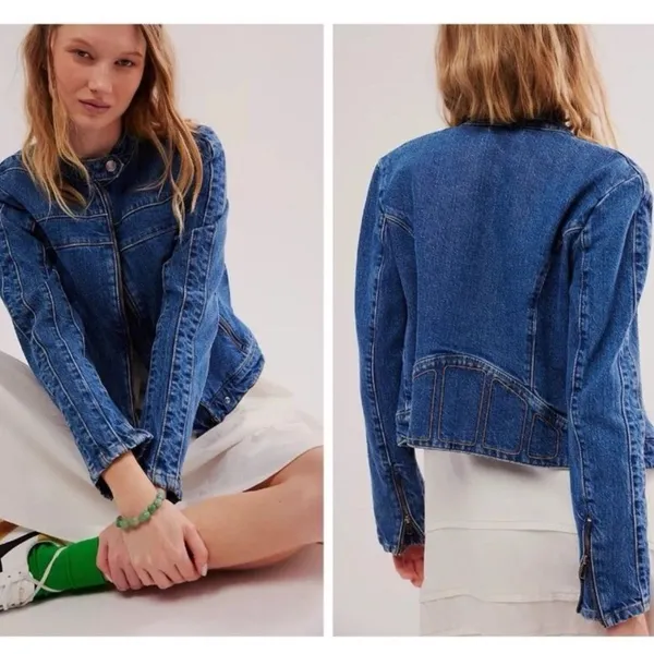 Free People We The Free Fast Lane Motto Denim Jacket Medium - Image 3