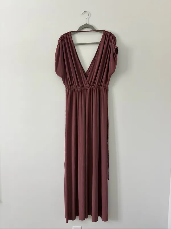 MISA Los Angeles Cap Sleeve V Neck Braided Tie Back Flowy Boho Maxi Dress NWT Rose Brown Sm - Image 5