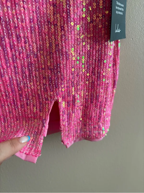 Lulus Bold Aesthetic Hot Pink Sequin Lace-Up Bodycon Mini Dress Size XS Mobwife - Image 10