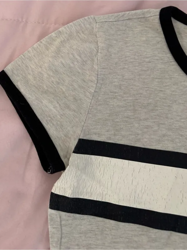Garage Y2K Light Gray Crop Top with Black Trim and White Stripe, size S Petite - Image 8