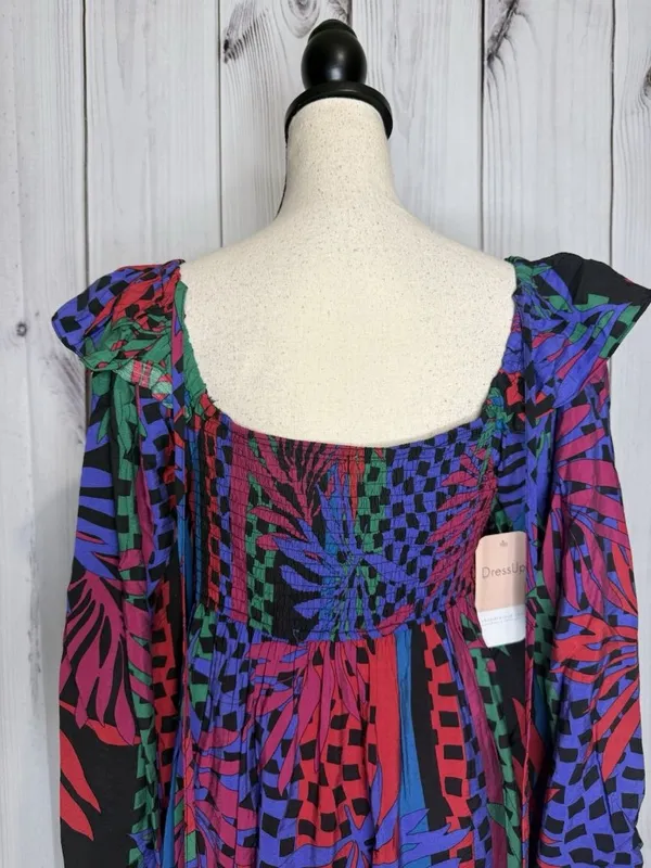 Oddi Zoe Floral Tropical Leaves Dress Size L Smocked Back Long Sleeve NWT - Image 8