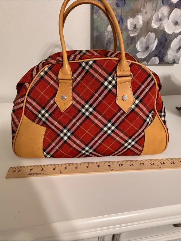 Vintage Burberry Blue label nova red plaid Boston Bowling Bag canvas leather - Image 5