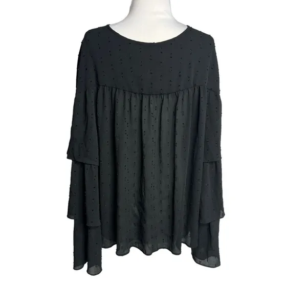 Happy x Nature‎ Swiss Dot Flowy Blouse tiered bell sleeve tassel tie black sz L - Image 2