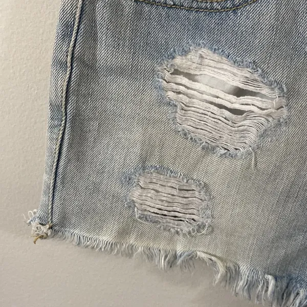 BDG UO Super high rise cheeky denim shorts light wash distressed fringed hem 29 - Image 5