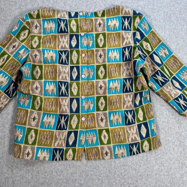 Jordan Vintage 3/4 Sleeve Blouse Womens Large Button Back Square Neck Green/Blue - Image 8