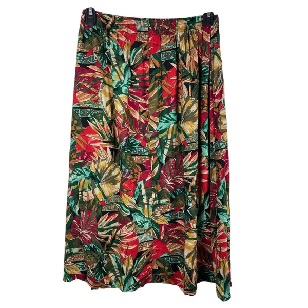 Sag Harbor Red Tropical Floral Pleated Elastic Waist Midi Skirt M 90s Office - Image 5