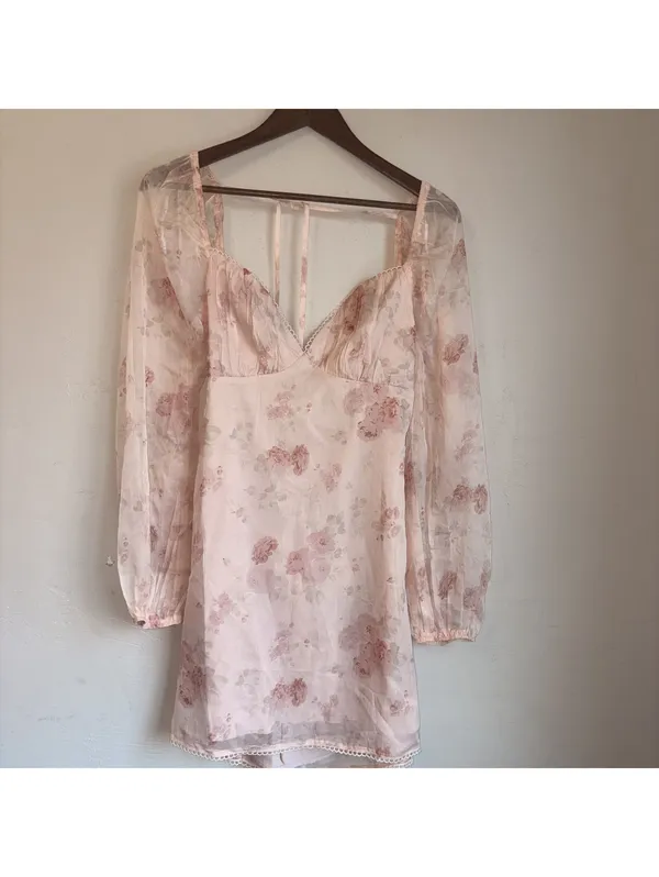 NWT Lulus Lovely Poise Light Pink Floral Tie-Back Long Sleeve Mini Dress Size M - Image 4