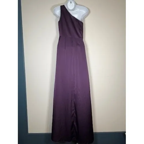 Birdy Grey One Shoulder Maxi Dress Purple Satin Slit Gown Bridesmaid Small - Image 3