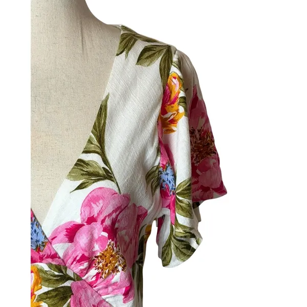 White Closet Maxi Dress Women Medium White Pink Linen Floral Boho Cottagecore - Image 5