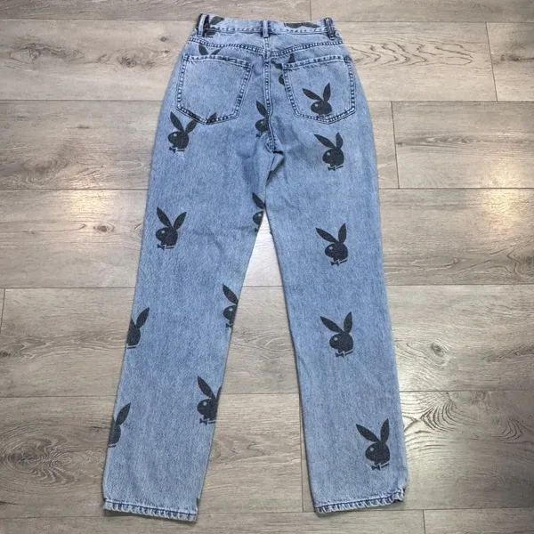 Playboy by PacSun Womens Light Wash All Over Bunny Logo Straight Leg Jeans 25/0 - Image 2