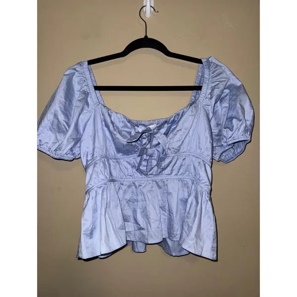 ASTR The Label Light Blue Puff Sleeve Tie Front Peplum Milkmaid top L Coquette - Image 2