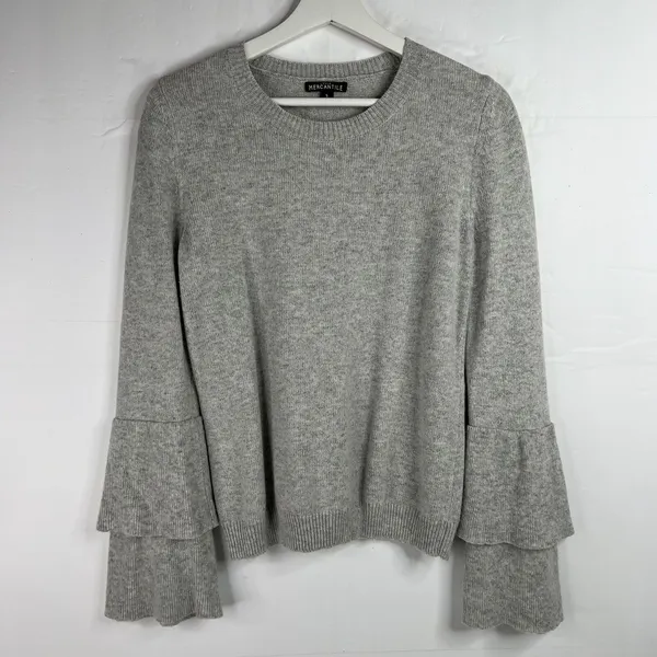 J.Crew Small Sweater Gray Tiered Bell Sleeve Crew Neck Heathered Knit Pullover - Image 5
